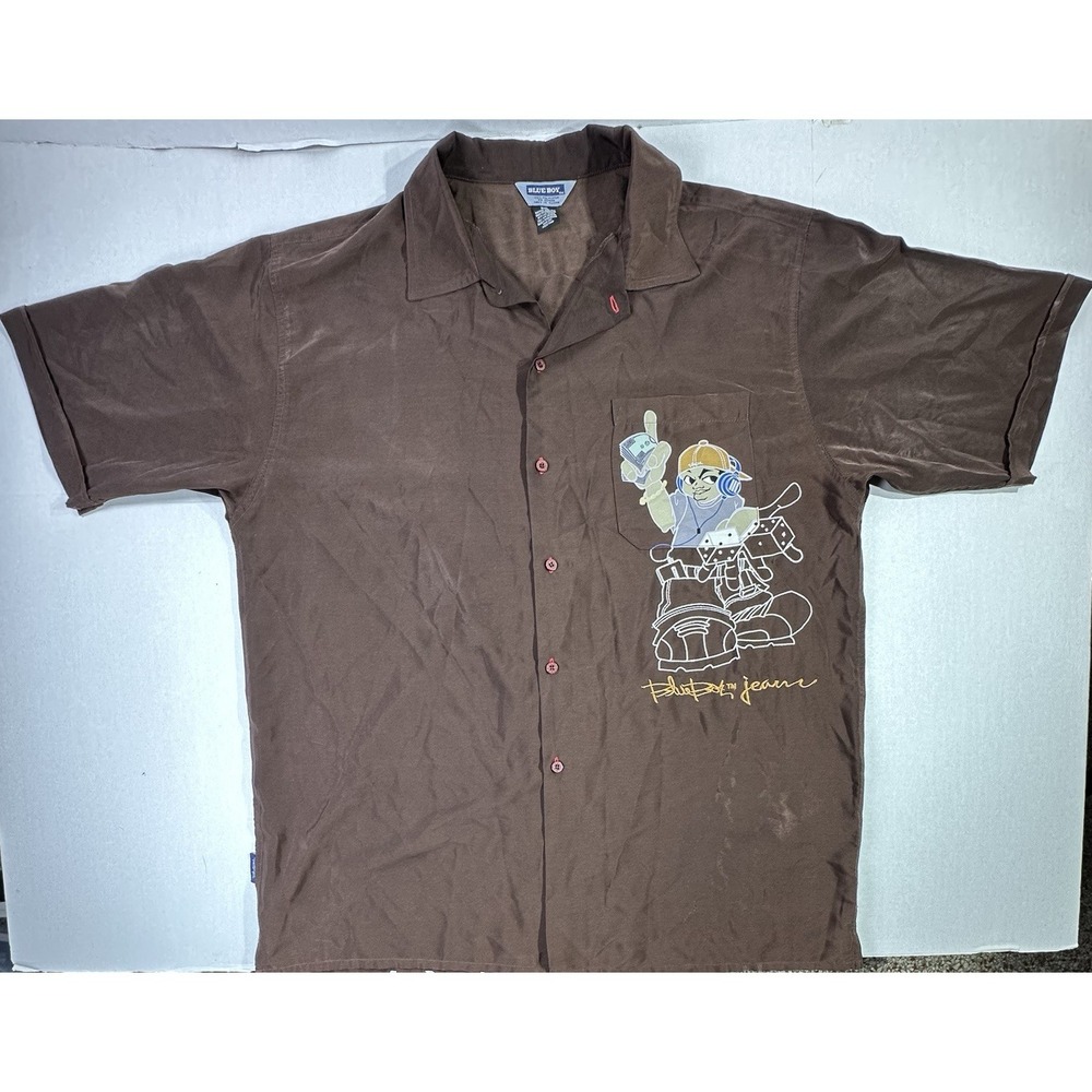 Vintage Blue Boy Jeans Brown Graphic Button Up Shirt 3XL Hip Hop Y2K Streetwear